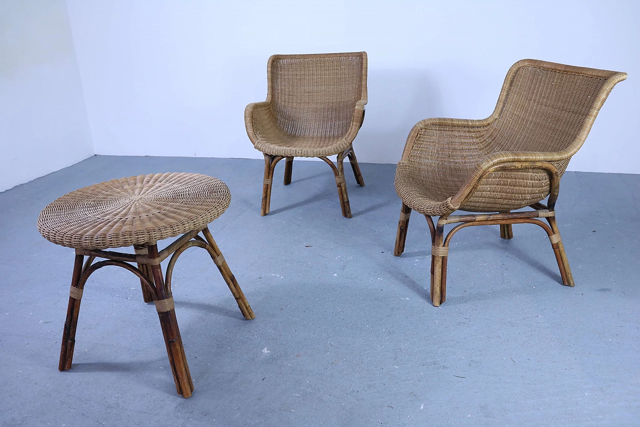 Set of 2 wicker armchairs and 1 coffee table, 50s 1177409
