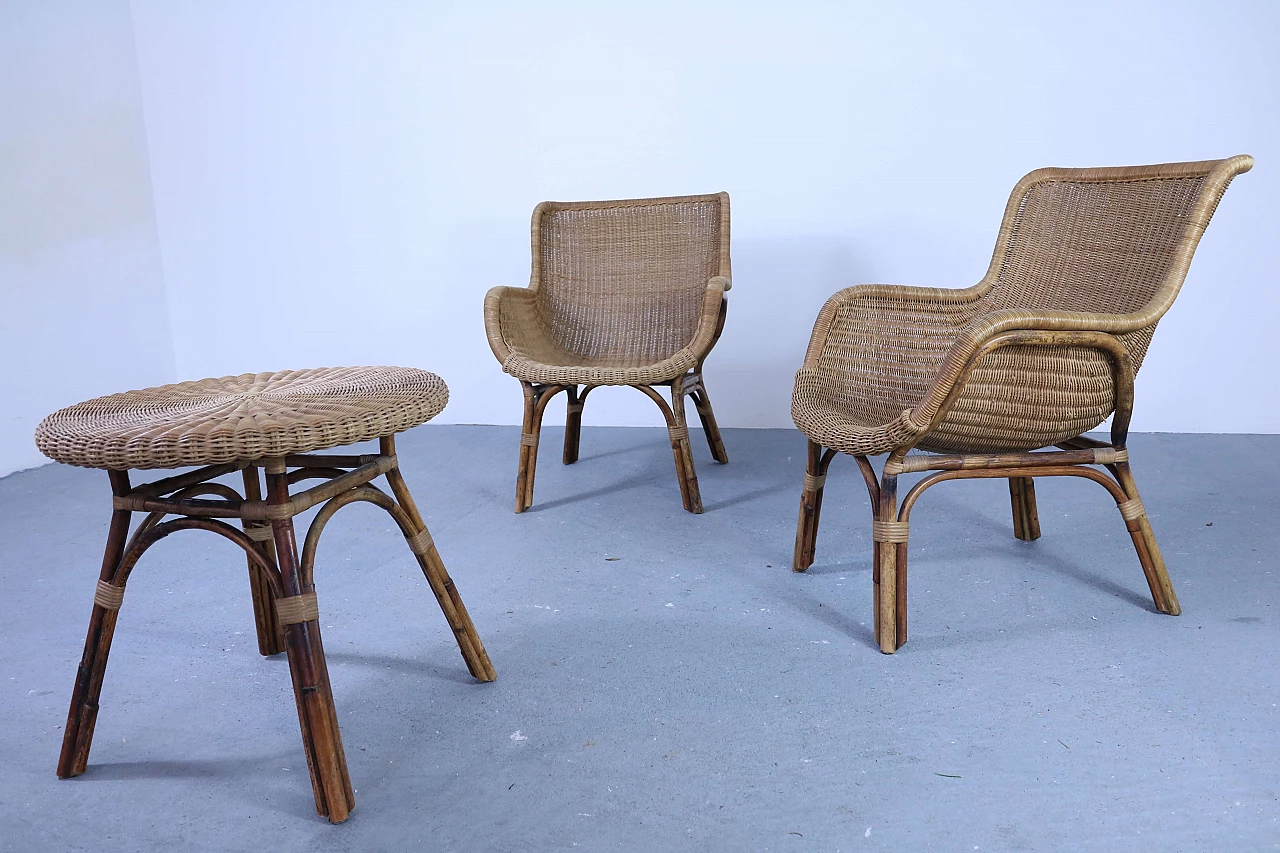 Set of 2 wicker armchairs and 1 coffee table, 50s 1177410