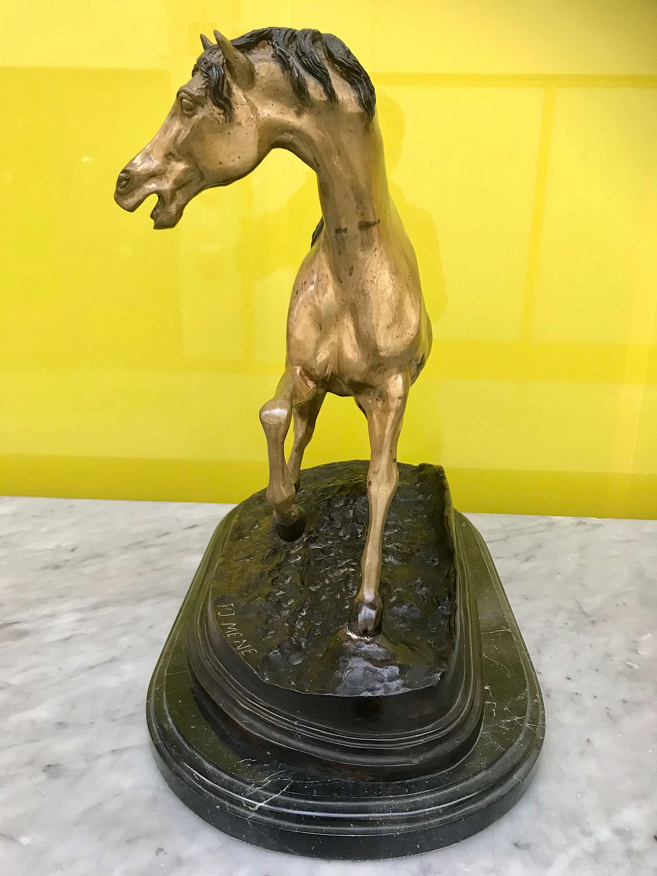 P.J.Mêne, gilded and burnished bronze sculpture of a "Horse" with black marble base, original 19th century 1177729
