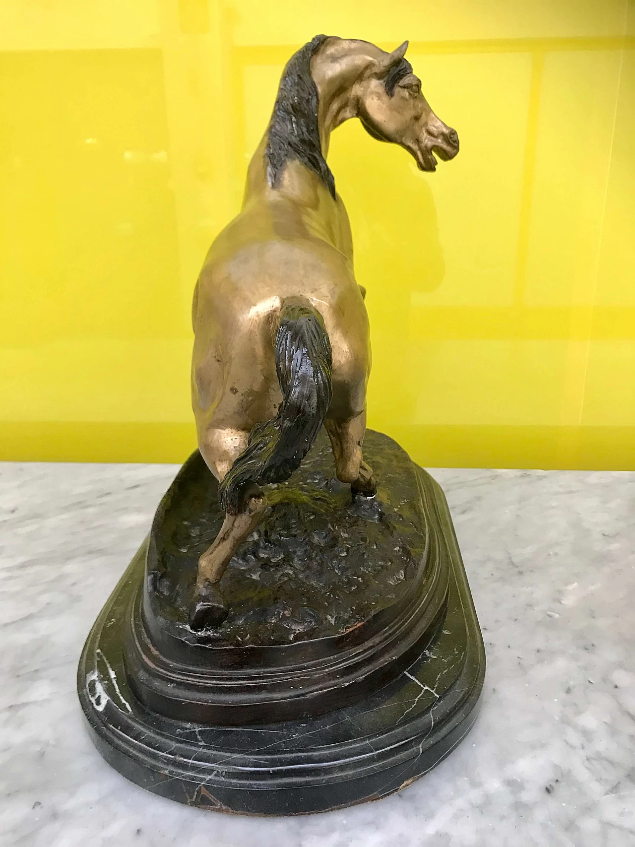 P.J.Mêne, gilded and burnished bronze sculpture of a "Horse" with black marble base, original 19th century 1177731