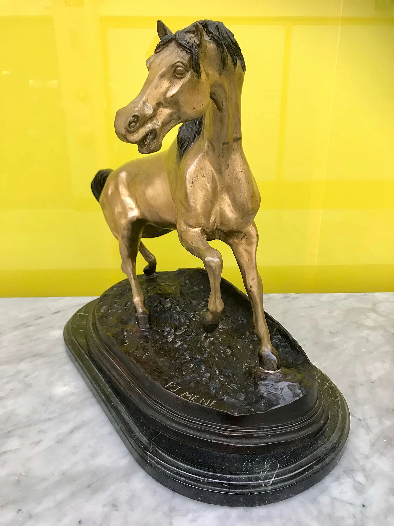 P.J.Mêne, gilded and burnished bronze sculpture of a "Horse" with black marble base, original 19th century 1177733