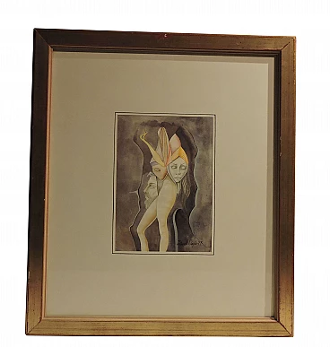 Watercolor on cardboard composition with self-portrait, signed