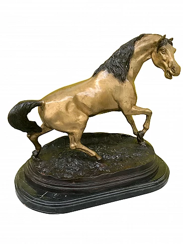 P.J.Mêne, gilded and burnished bronze sculpture of a Horse with black marble base, original 19th century