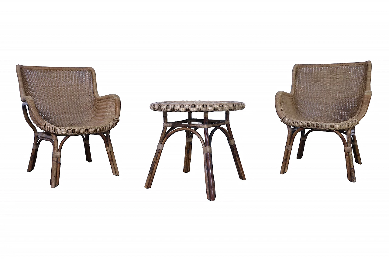 Set of 2 wicker armchairs and 1 coffee table, 50s 1178768