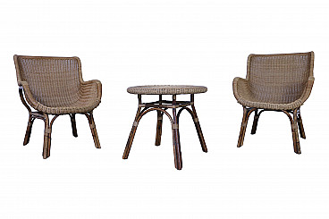 Set of 2 wicker armchairs and 1 coffee table, 50s