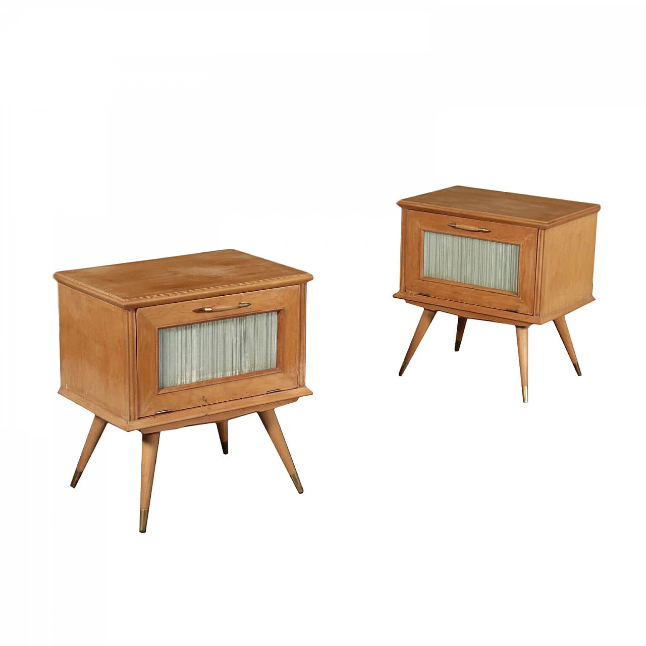 Pair of bedside tables with folding door and brass details, 50s 1179572