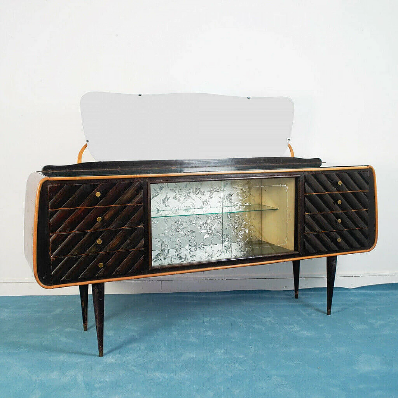 Sideboard with mirror in dark wood and glass, 50s 1179937