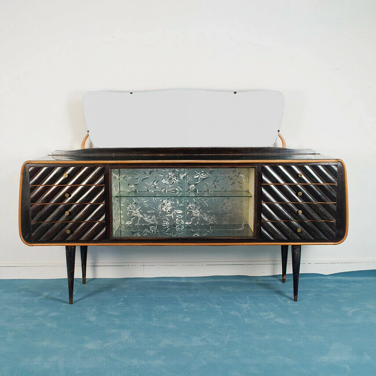 Sideboard with mirror in dark wood and glass, 50s 1179938