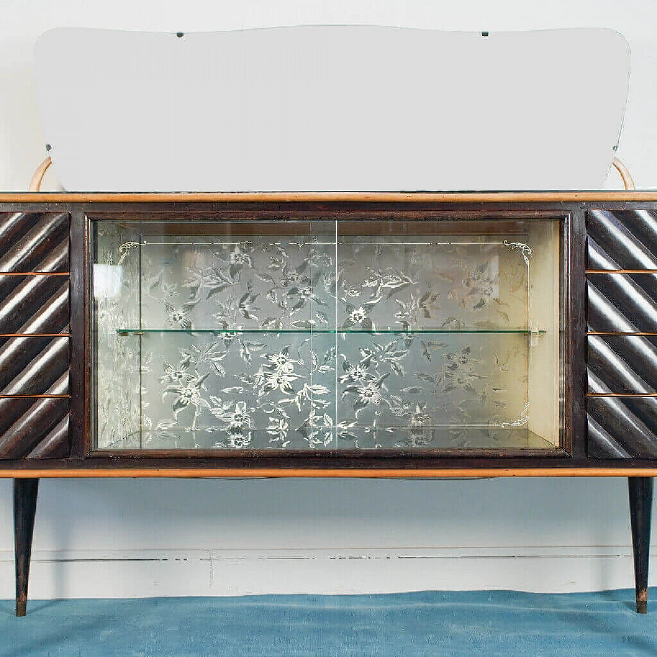 Sideboard with mirror in dark wood and glass, 50s 1179939