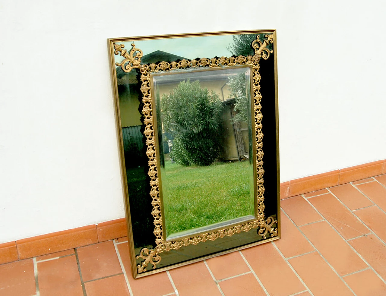 Rectangular mirror with brass decorations, 70s 1179965