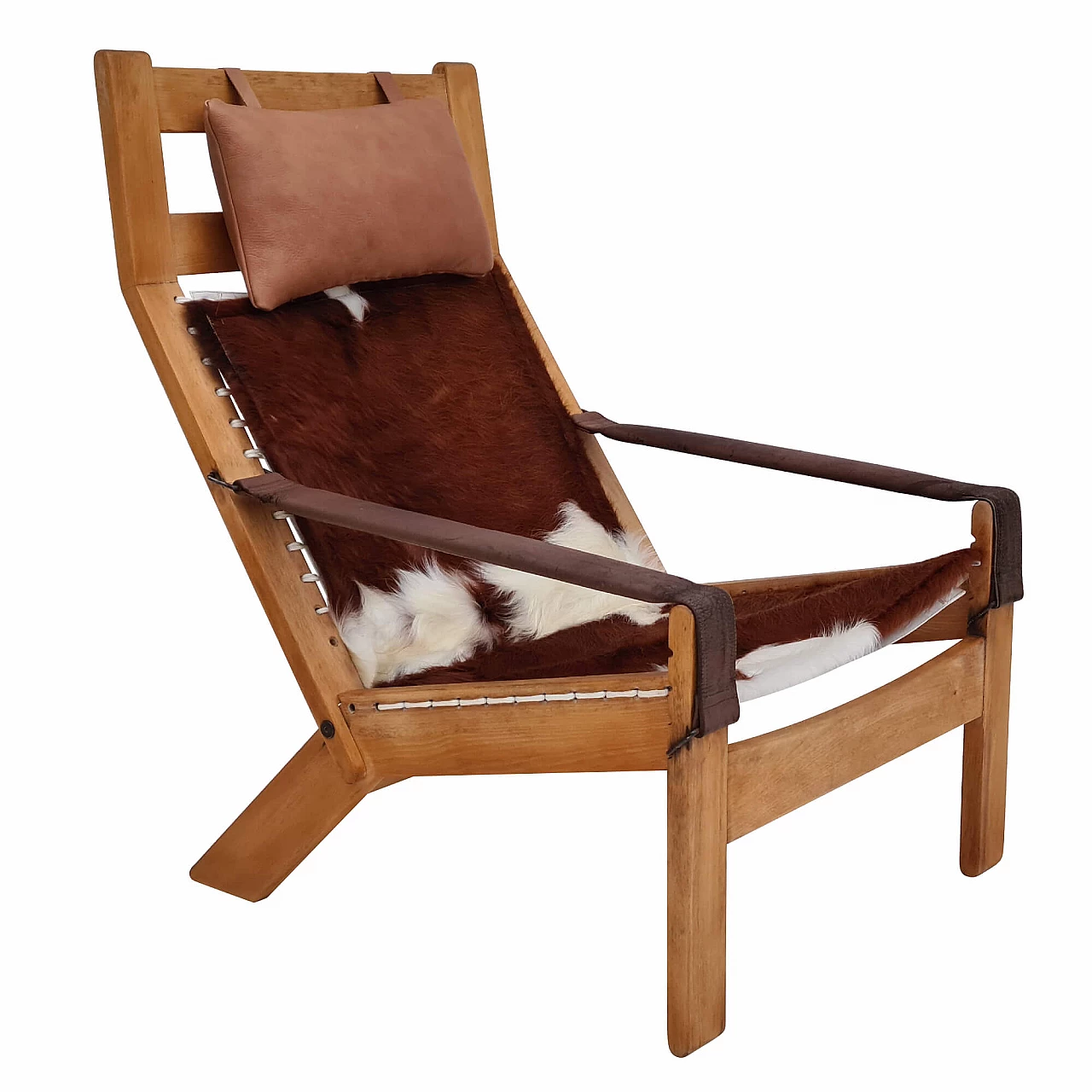 Armchair with adjustable back in beechwood and cowhide, 70s 1180362