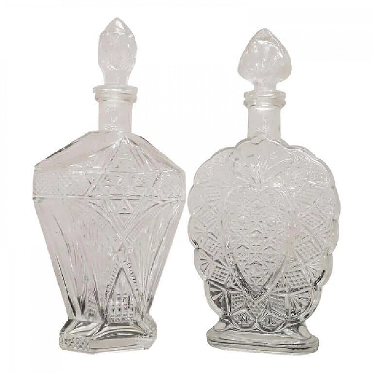 Coppia di bottiglie da liquore vintage in vetro lavorato sec. XX 1085531