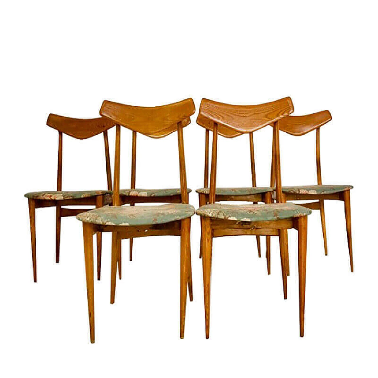 6 sedie in legno con seduta a fiori, sullo stile di Ico Parisi 1085580
