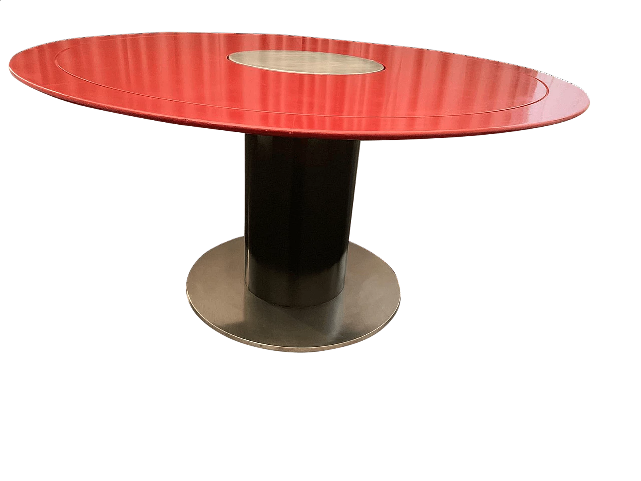 Tavolo rotondo rosso design post-moderno stile Sottsass, anni '70 1085944
