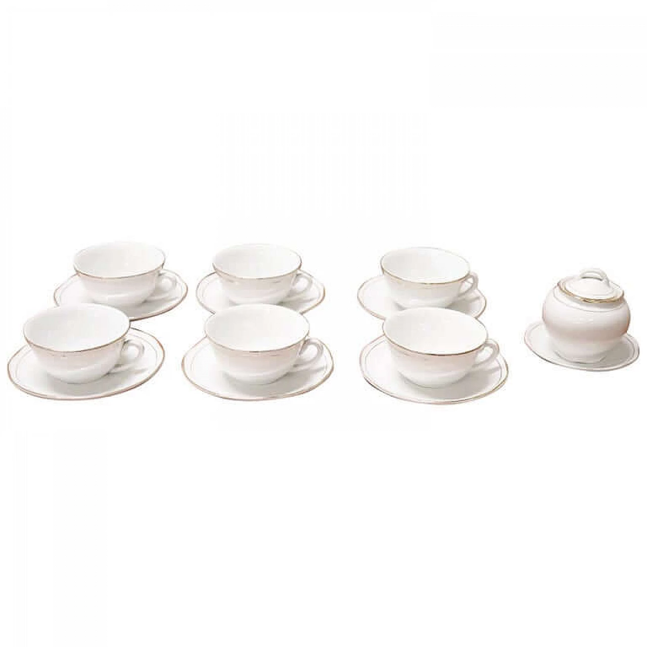 Set of 6 cups with sugar bowl, white ceramic with gold rim, Laveno 1086318