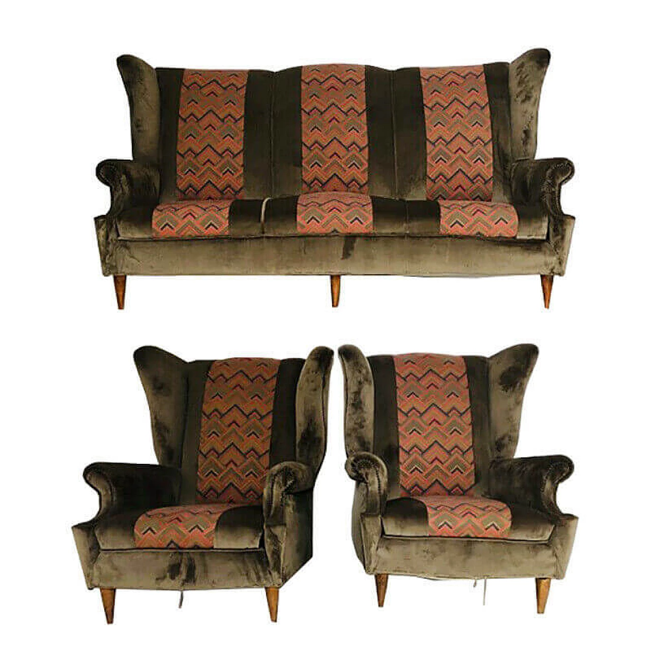 Sofa and pair of armchairs in brown velvet, 50s 1086785