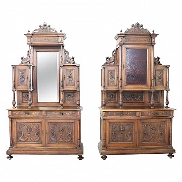 Pair of neo Renaissance credenzas in carved walnut, 19th century