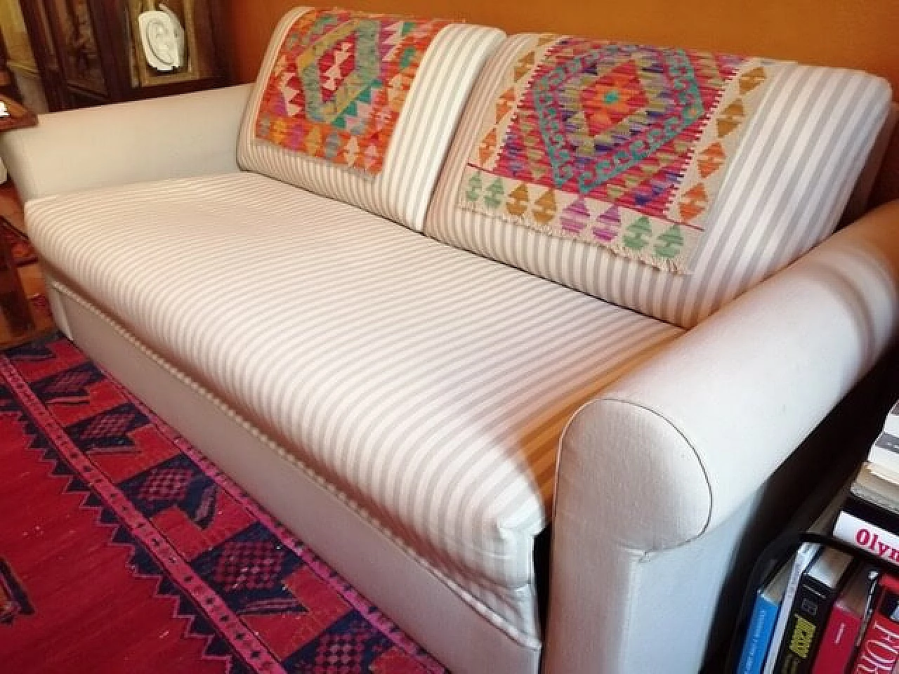 Beige sofa bed with striped fabric, 80's 1087025