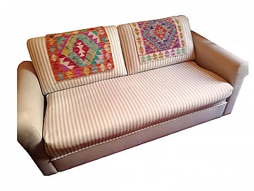 Divano-letto beige con tessuto a righe, anni '80