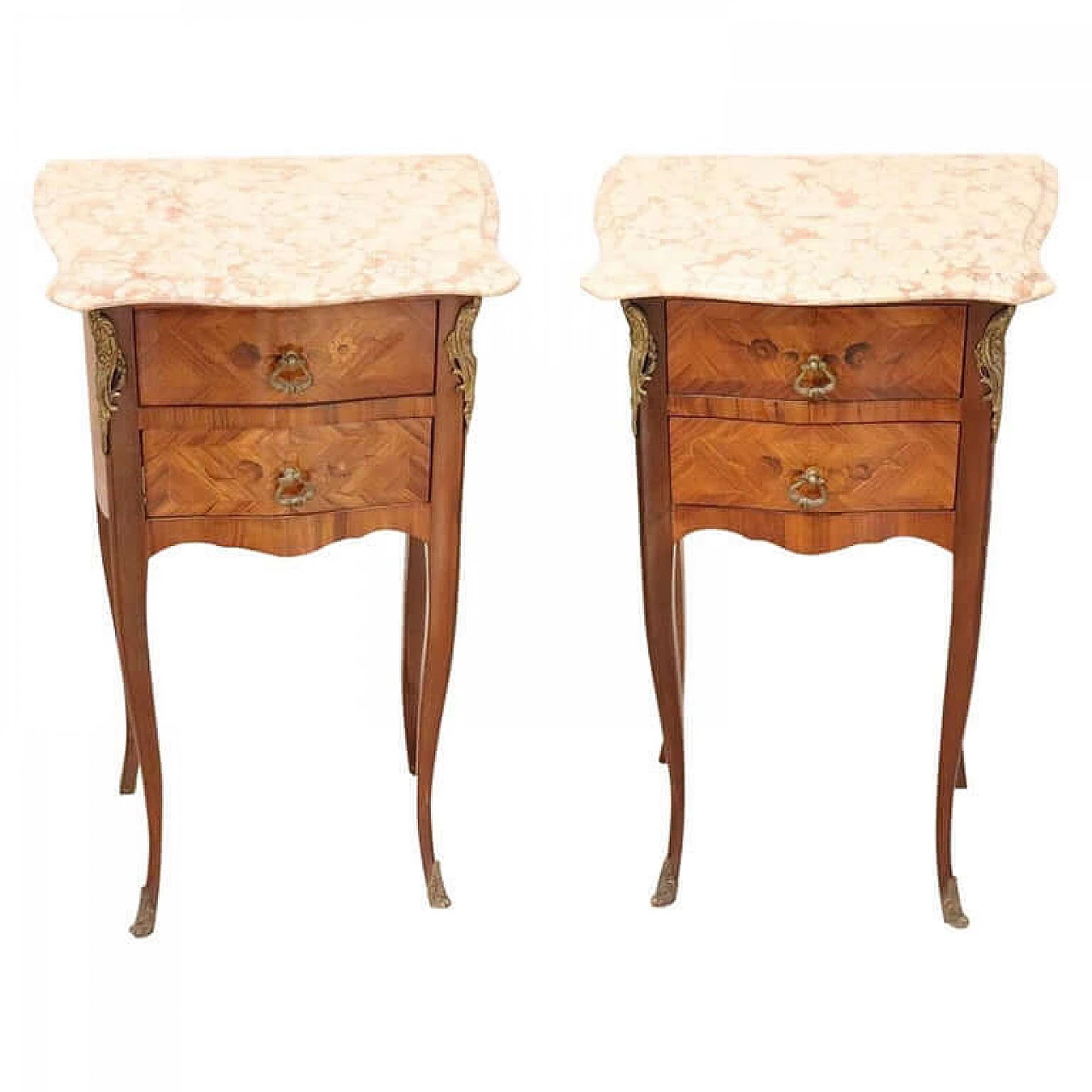 Elegant pair of bedside tables in antique Louis XV style inlays and gilded bronzes 1087172