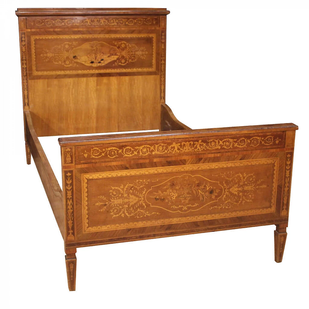 Letto italiano singolo in legno intarsiato, stile Luigi XVI 1087428