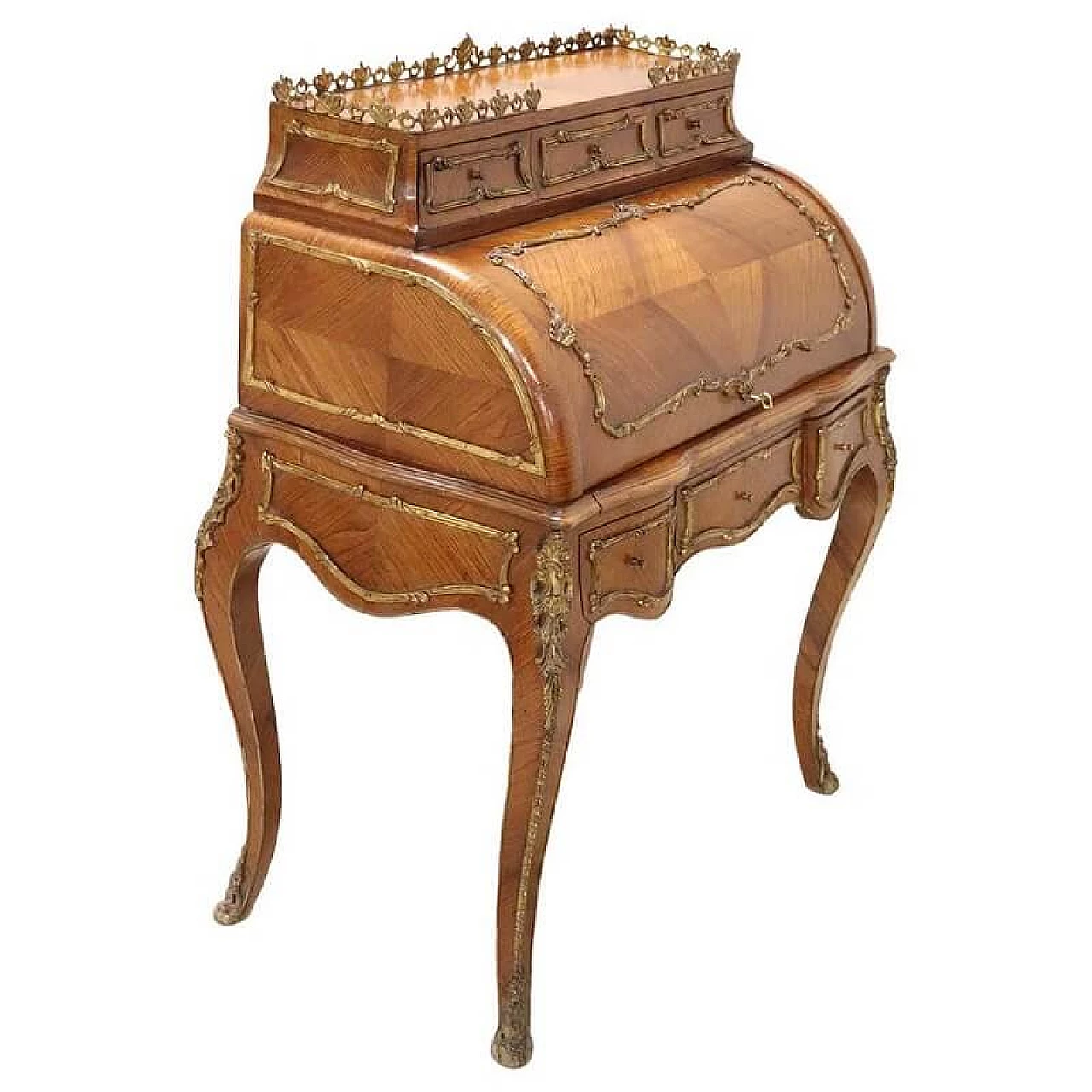 Elegante scrivania a rullo bois de rose e bronzi dorati, Luigi XV, fine '800 1087488