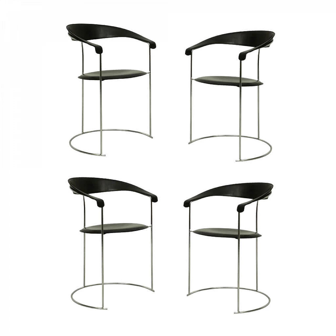 4 poltrone cromate con seduta in pelle nera, Arrben, modello Canasta, anni '60 1087557