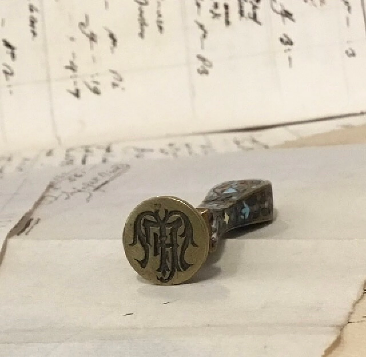Cloisonné brass seal, letters F M 1087672