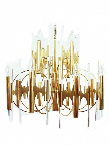 Large brass and glass chandelier, Gaetano Sciolari, 70's