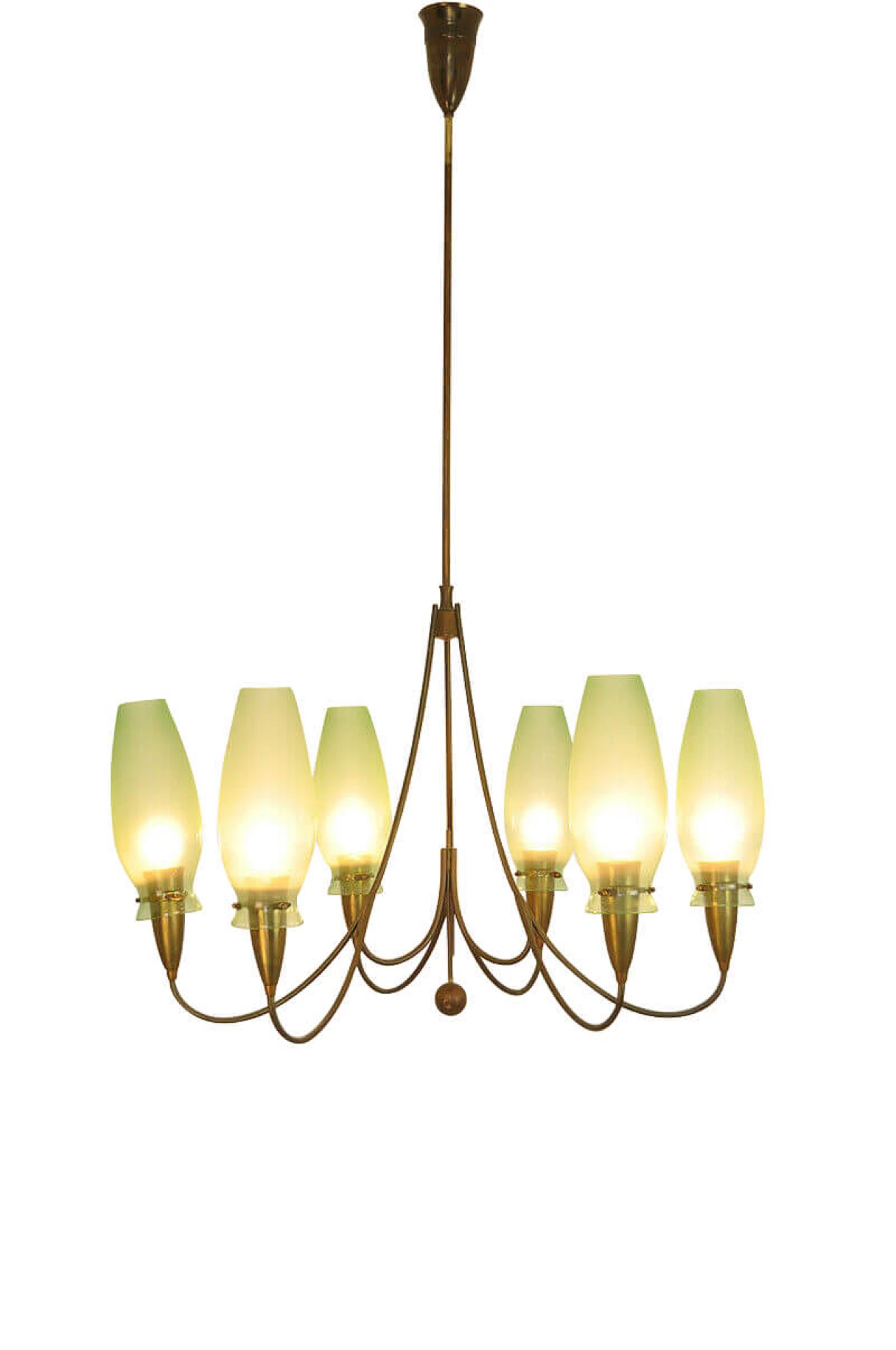Brass chandelier with 6 lights with green glass, 50s 1089034