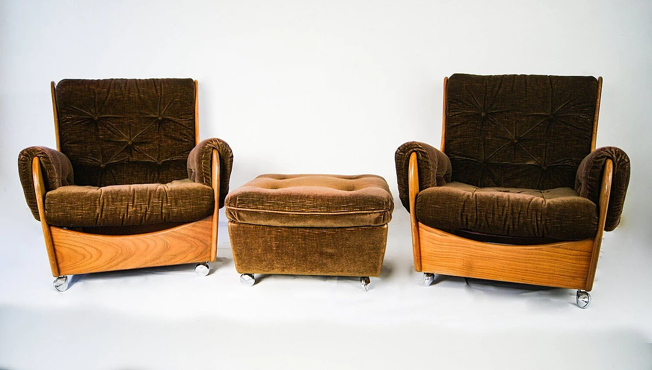 Pair of armchairs with footrests teak and brown velvet, Wilkins for G Plan, 60s 1089610