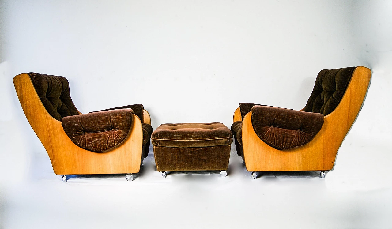 Pair of armchairs with footrests teak and brown velvet, Wilkins for G Plan, 60s 1089611