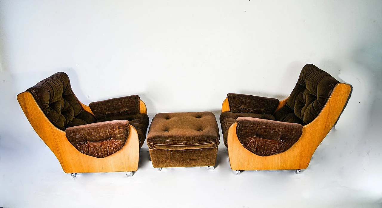 Pair of armchairs with footrests teak and brown velvet, Wilkins for G Plan, 60s 1089612
