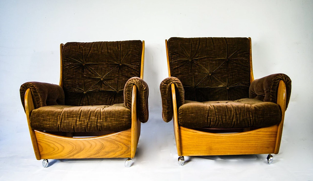 Pair of armchairs with footrests teak and brown velvet, Wilkins for G Plan, 60s 1089613