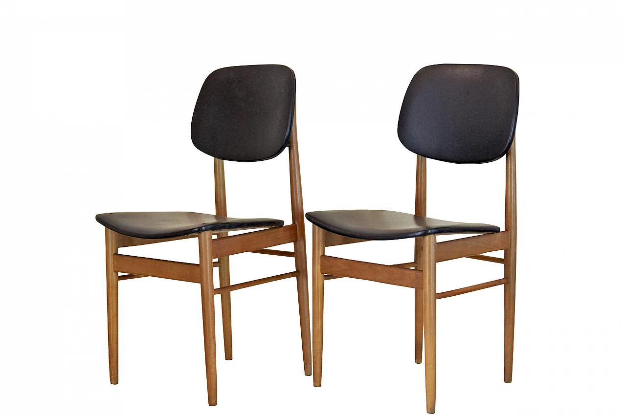 Pair of wooden chairs and black skai, Ico Parisi, 50s 1090044