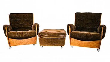 Pair of armchairs with footrests teak and brown velvet, Wilkins for G Plan, 60s