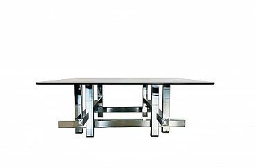 Tavolino in acciaio con piano in vetro, stile David Hicks, anni '70