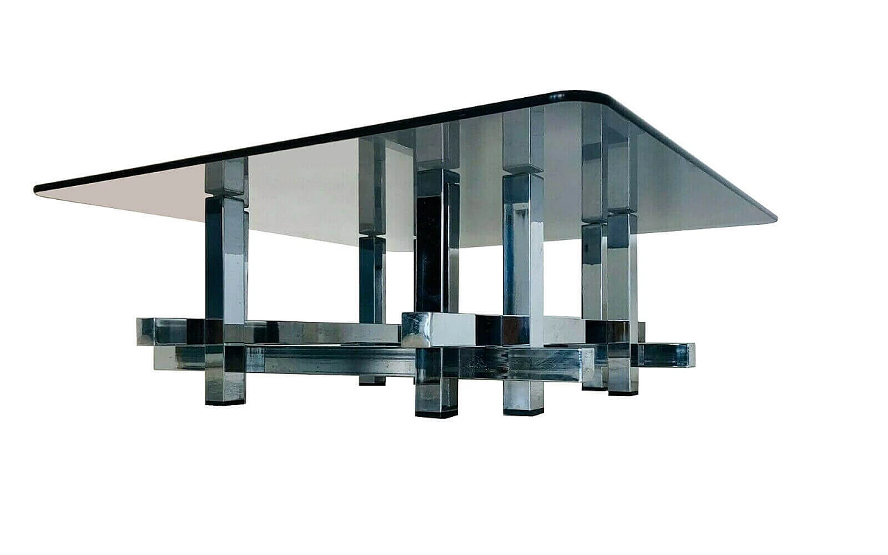 Tavolino in acciaio con piano in vetro, stile David Hicks, anni '70 1090316