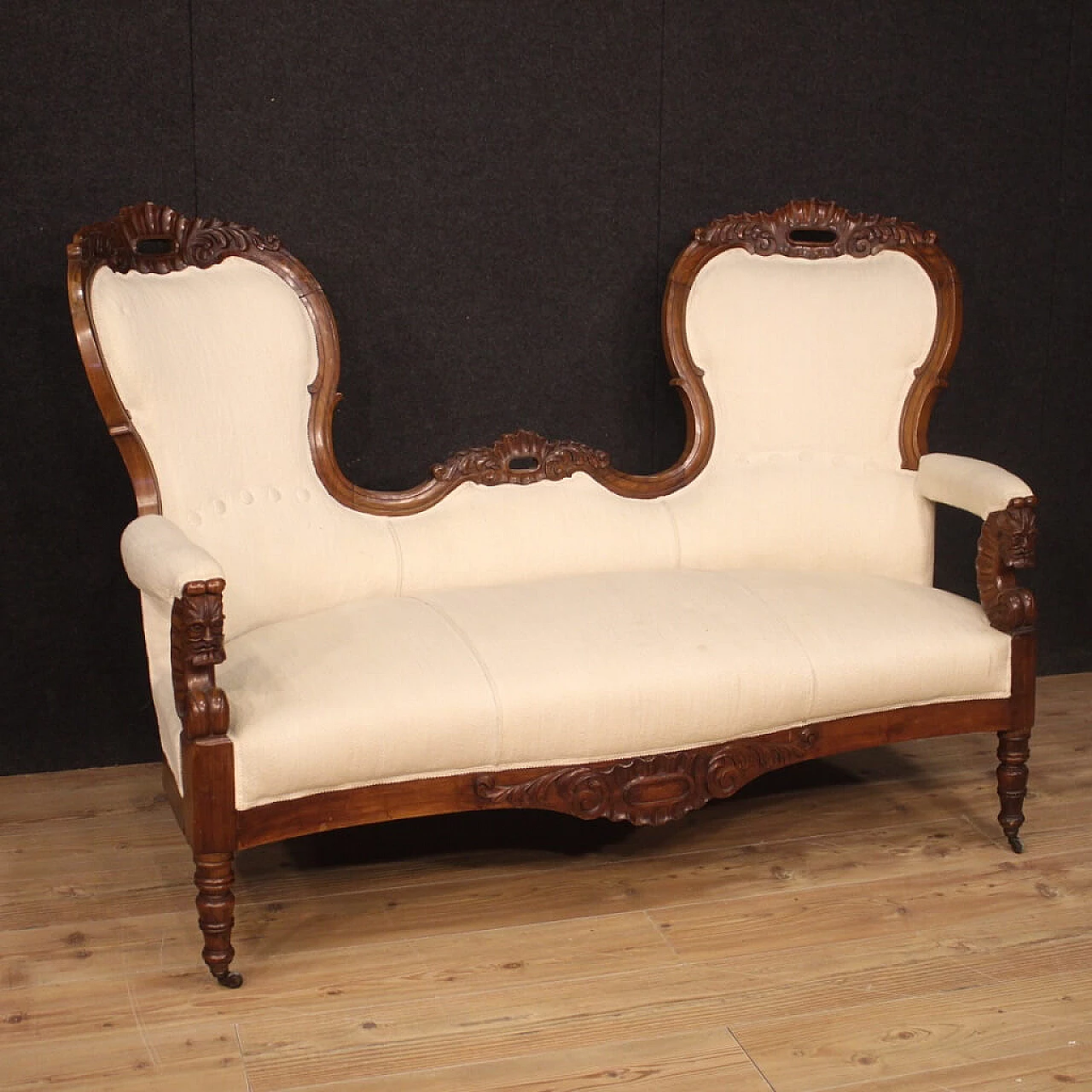 Walnut and fabric sofa with casters, late 19th century 1090590