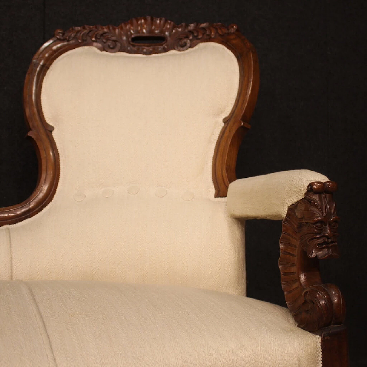 Divano in noce e tessuto con rotelle, fine '800 1090591