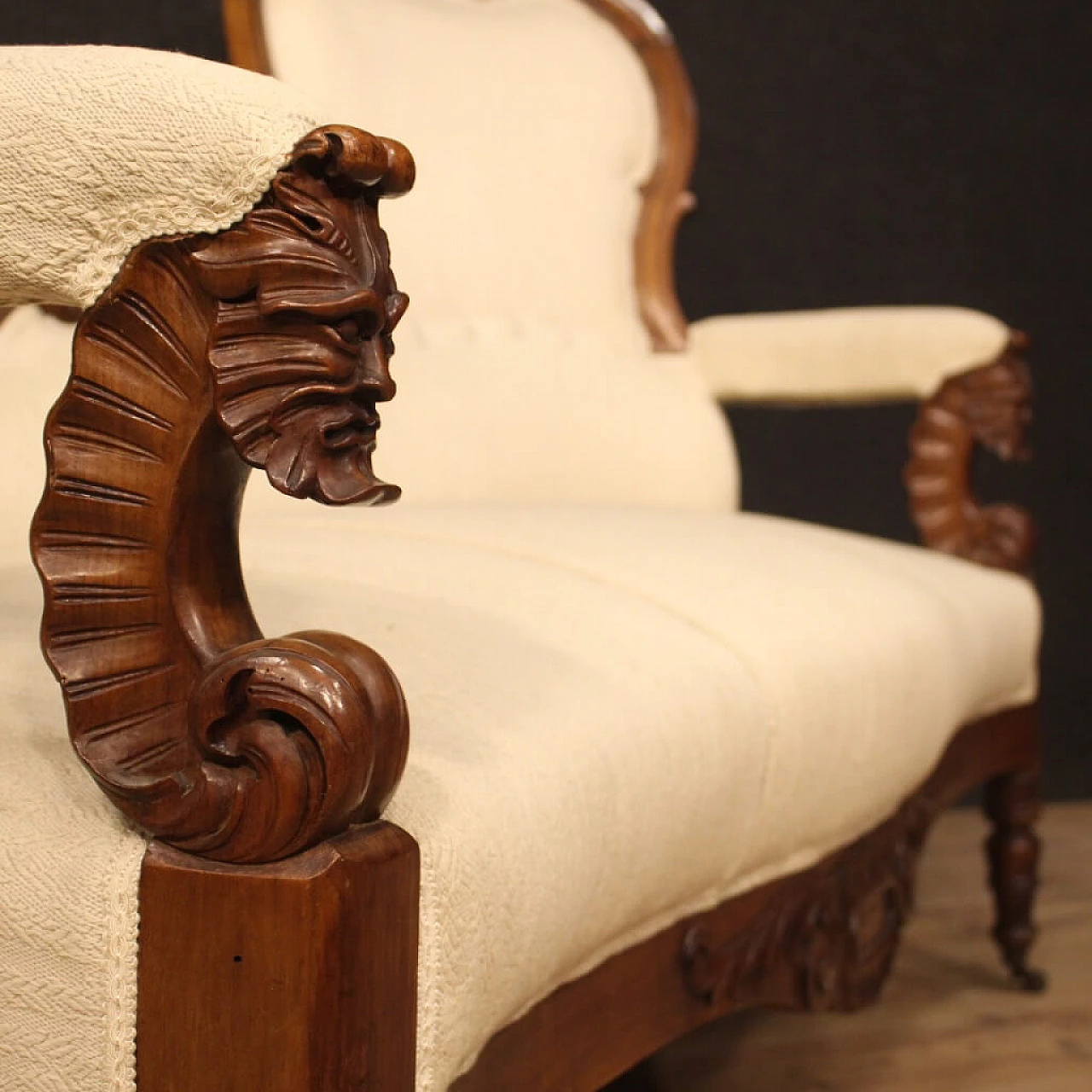 Divano in noce e tessuto con rotelle, fine '800 1090593