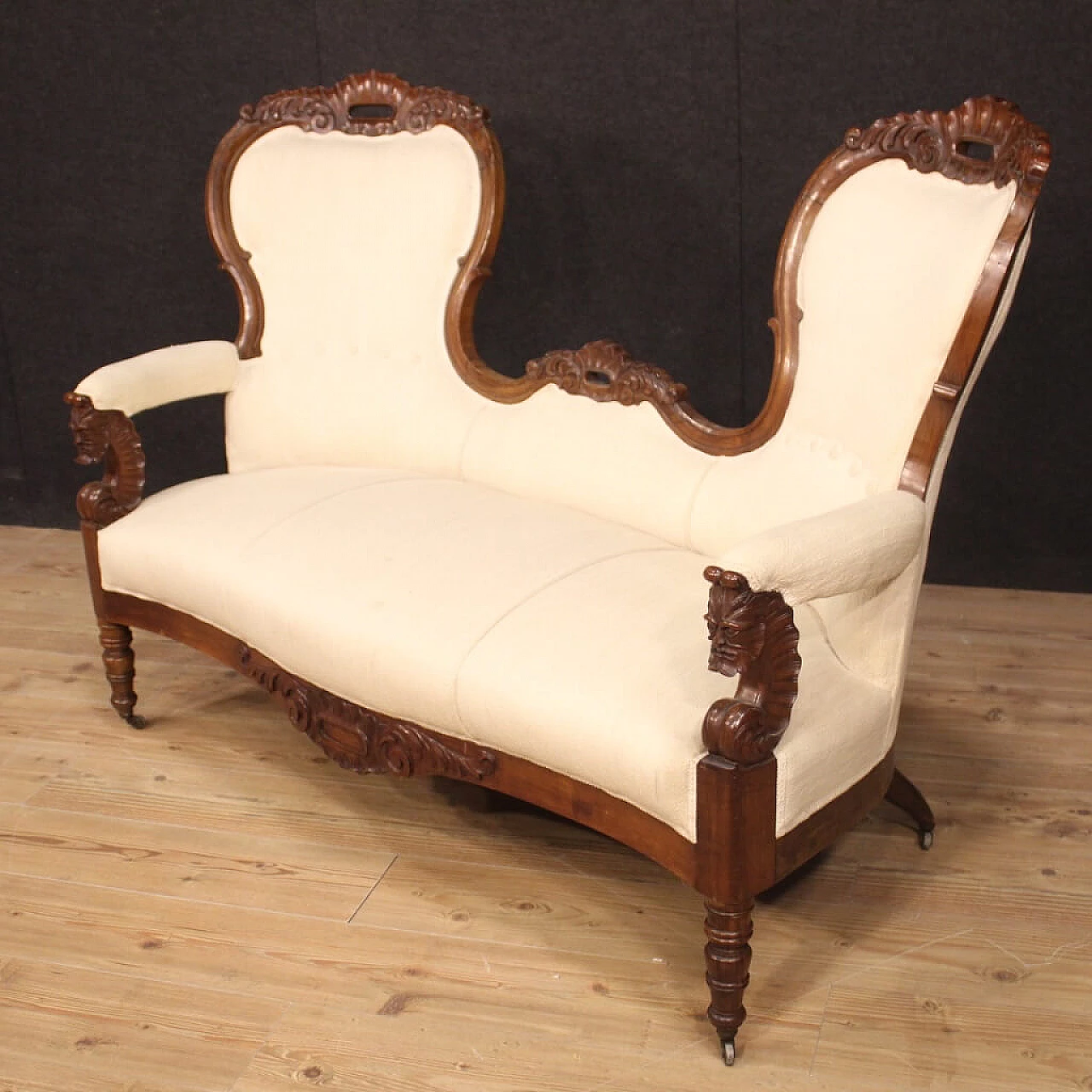 Walnut and fabric sofa with casters, late 19th century 1090597