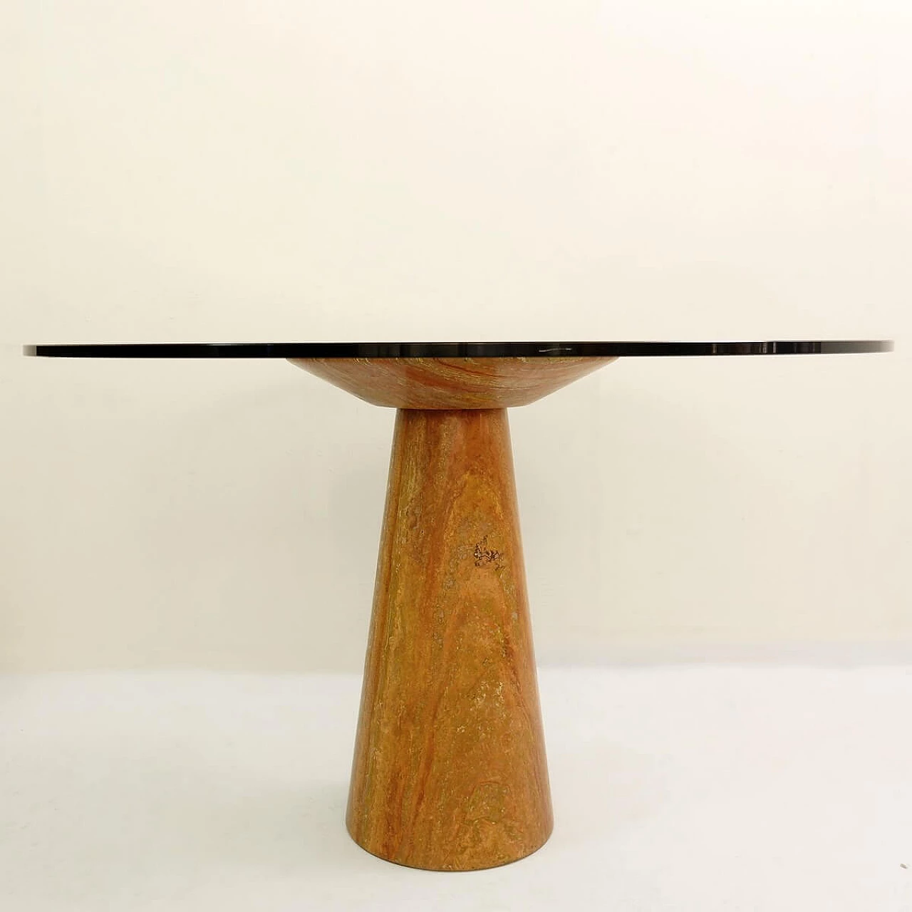 Red Travertine dining table with glass top by Angelo Mangiarotti 1091134
