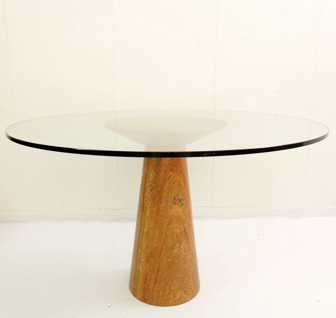 Red Travertine dining table with glass top by Angelo Mangiarotti 1091139