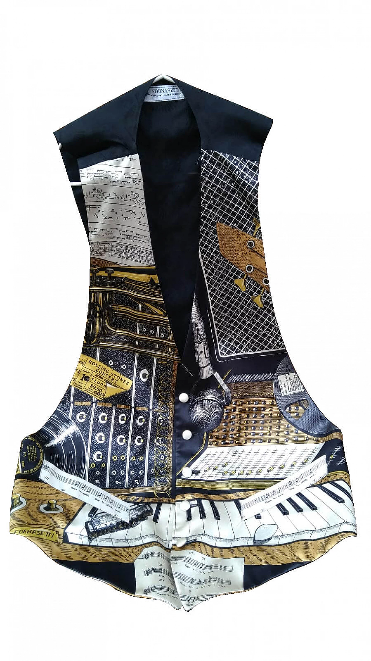 Men's silk vest with musical instruments by Piero Fornasetti, 70s 1091152