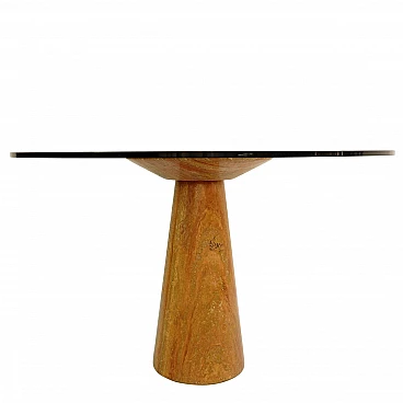 Red Travertine dining table with glass top by Angelo Mangiarotti