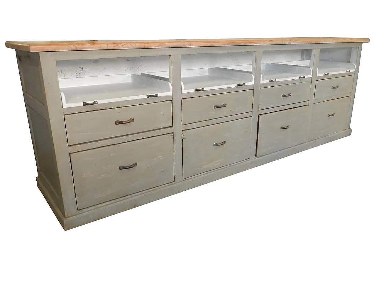 Large grey vintage counter with drawers and sliding trays , 20s 1091788