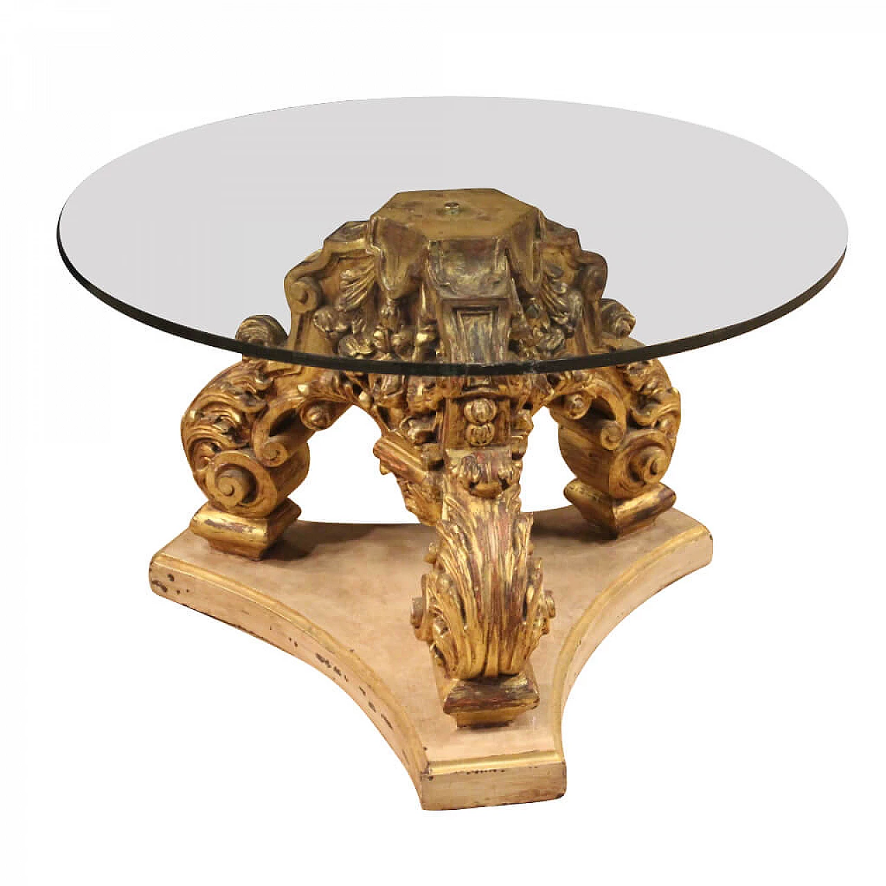 Tavolino rotondo italiano in legno laccato e dorato con piano in cristallo 1092852