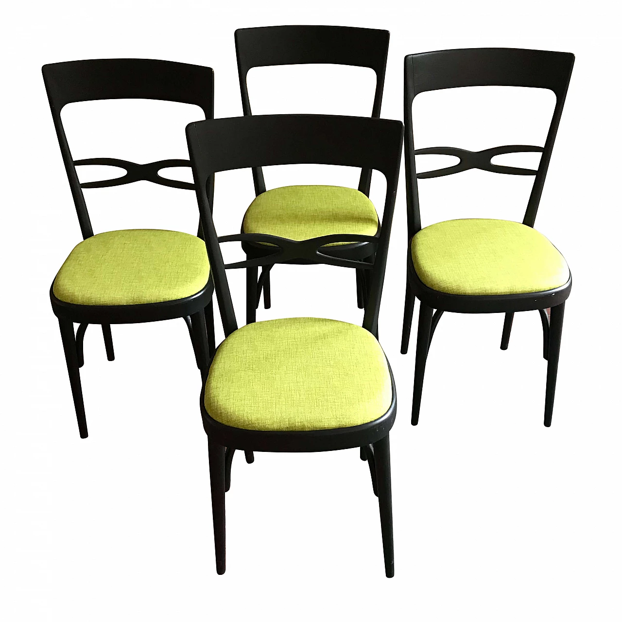 4 sedie in legno nero e seduta verde, Melchiorre Bega, anni '60 1094071