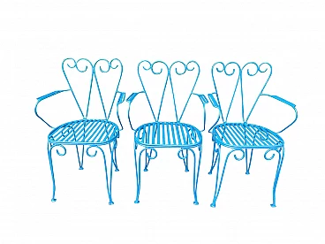 3 Blue iron garden chairs, 50s